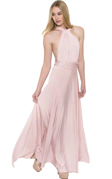 High Neck Ruched Chiffon Bridesmaid Dress Sleeveless Convertible Multi-Color Sash and Keyhole