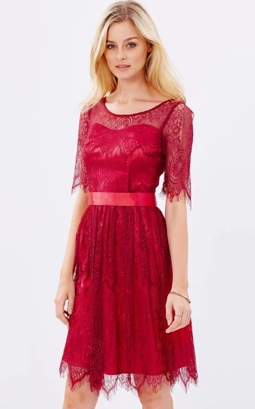 Ribboned Lace Bridesmaid Dress with Half Sleeves Mini Length