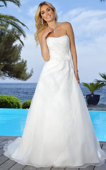 Strapless Satin Wedding Dress with Flower and Cape Floor-Length Bridal Gown