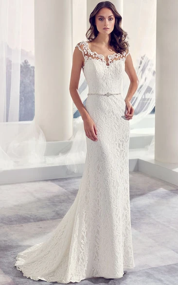 Long Cap-Sleeve Lace Wedding Dress with Jeweled Details and Sweep Train