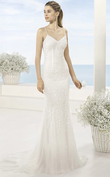 Lace&Tulle Sheath Wedding Dress with Spaghetti Straps and Brush Train Modern Wedding Dress