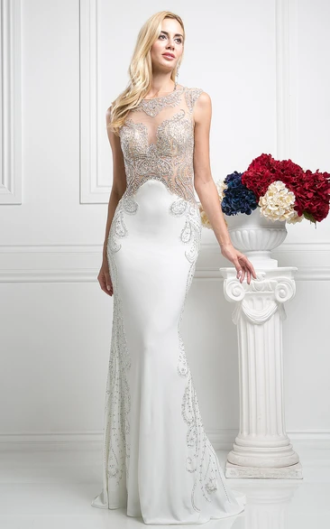 Sleeveless Sheath Jersey Illusion Formal Dress with Beading Bateau Neckline