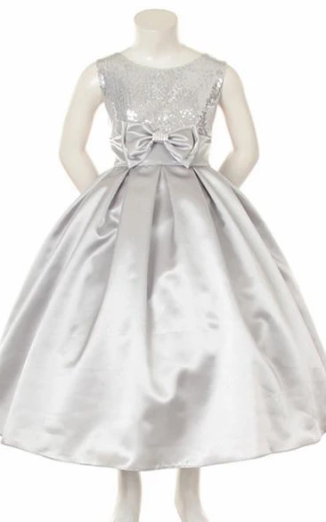 Sequin & Satin Tea-Length Flower Girl Dress Sparkling Prom Dress for Girls