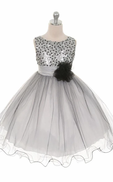 Sequin Tiered Flower Girl Dress Tea-Length Elegant Satin