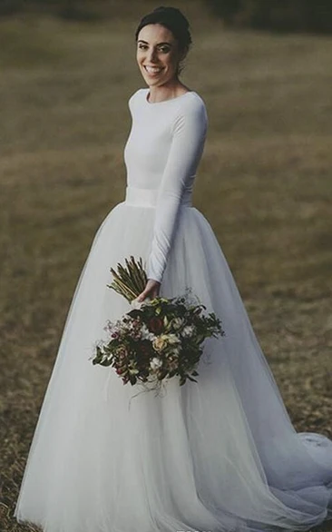 Modest Long Sleeve Bridal Gown with Fitted Jersey and Tulle