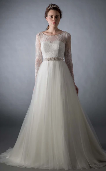 A-Line Tulle Wedding Dress with Lace Scoop Neck & Long Sleeve