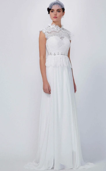 Sheath Beaded Chiffon&Lace Bridesmaid Dress High-Neck Long Sleeveless