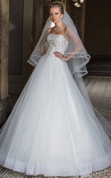 Strapless Beaded Tulle Wedding Dress with Pleats Floor-Length