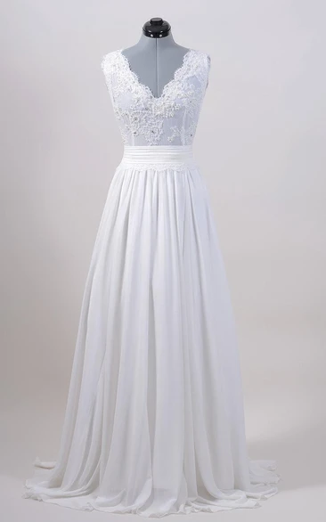 Alencon Lace V-Back Wedding Dress with Chiffon Skirt Sleeveless Elegant 2024