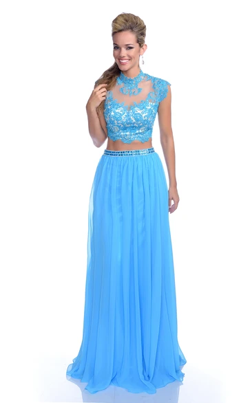 Sequined Lace Crop Top Bridesmaid Dress with Cap Sleeves