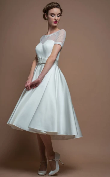 Short-Sleeve Scoop-Neck Satin A-Line Wedding Dress with Illusion and Tea-Length