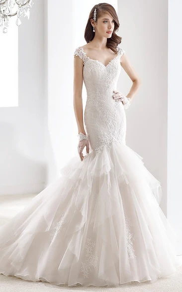 Sheath Wedding Dress with Cap Sleeves and Tier Ruching Train Sweetheart Style