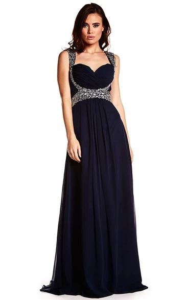 Strapped Beaded Chiffon Prom Dress with Criss Cross Charm