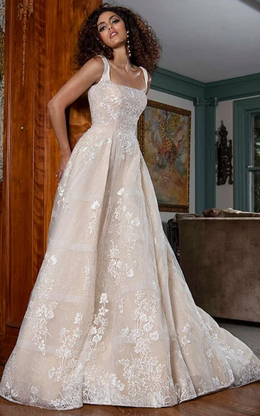 Lace Applique A Line Wedding Dress with Sleeveless Design