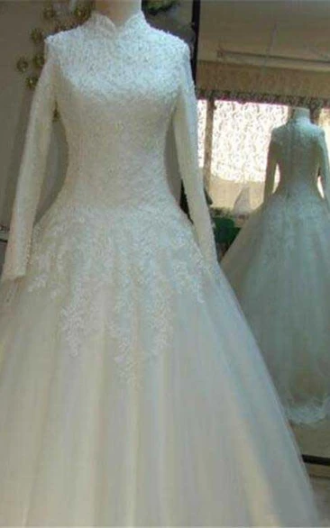 Lace Tulle Ball Gown Wedding Dress with High Neck Zipper