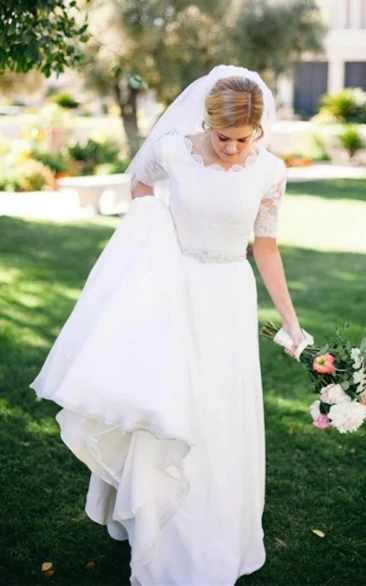 Chiffon A-Line Wedding Dress with Scalloped Lace Bodice