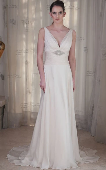 Sheath Sleeveless Ruched V-Neck Wedding Dress with Waist Jewelry Elegant Floor-Length Bridal Gown