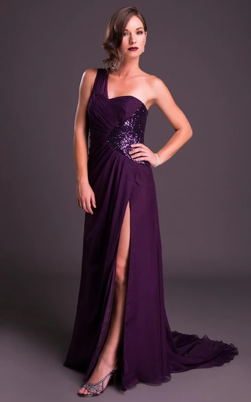 Sequined One-Shoulder Sheath Chiffon Prom Dress with Front Split and Ruching Unique Prom Dress