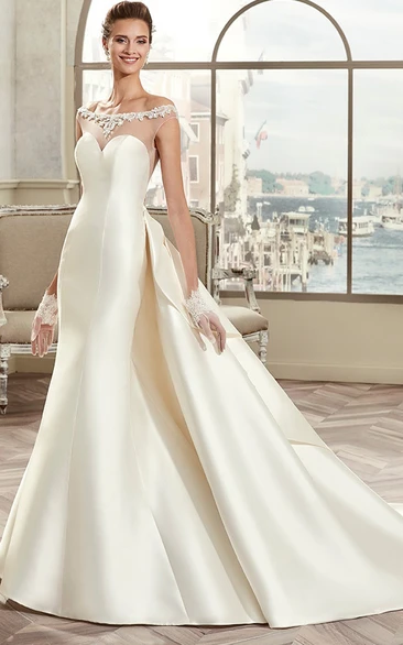 Off-Shoulder Satin Illusive Design Wedding Dress with Back Bow Simple and Elegant