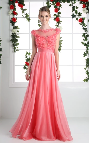 Chiffon Cap-Sleeve A-Line Maxi Dress with Flower and Pleats for Formals