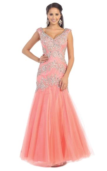 Long Mermaid Tulle Formal Dress with V-Neck and Beading