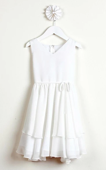 Chiffon Tiered Pleated Flower Girl Dress with Sash Simple Dress