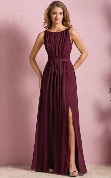 Bridesmaid Dress A-Line with Front Slit Pleats and Bateau-Neck Sleeveless