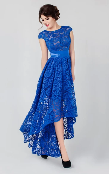 High-low Lace Dress with A-line Silhouette High Neck and Short Sleeves