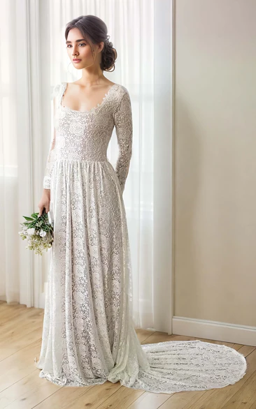 Lace Flower Square Neck Bohemian Long Sleeve Sheath Elegant Bride Wedding Dress with Train