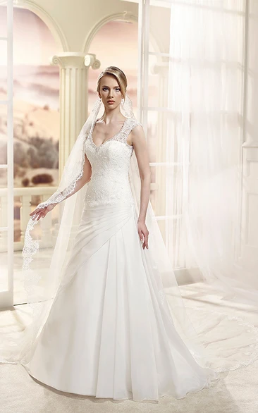 Satin V-Neck A-Line Wedding Dress with Side Draping Sleeveless Floor-Length