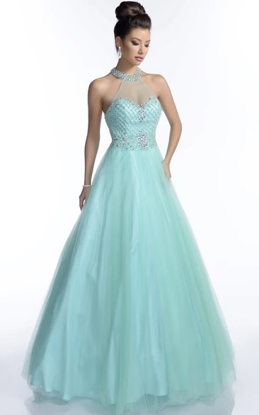 Illusion Back Halter A-Line Tulle Prom Dress Unique Prom Dress 2024