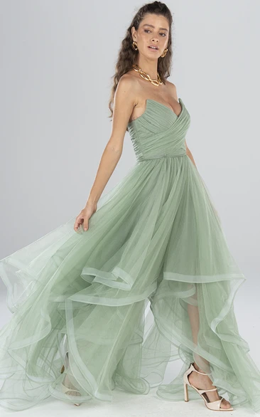 Strapless A-line Tulle Formal Dress with Ruching Modern and Floor-length
