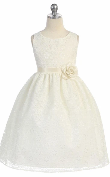 Floral Lace Tea-Length Flower Girl Dress Tiered