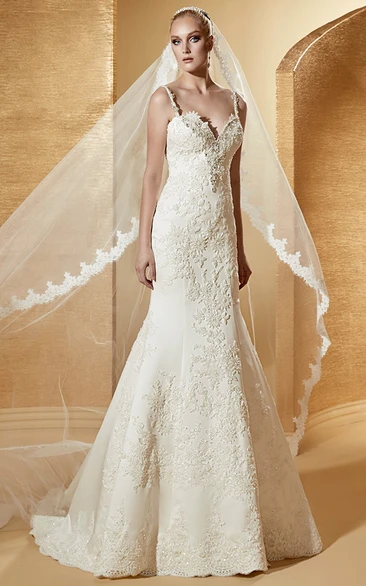 Beaded Lace Sheath Wedding Dress with Spaghetti Straps