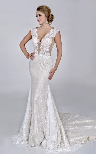 Sleeveless Lace V-Neck Sheath Wedding Dress with Court Train Bridal Gown