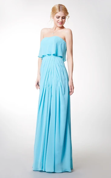 Pleated Chiffon Dress with Front Slit and Strapless Design