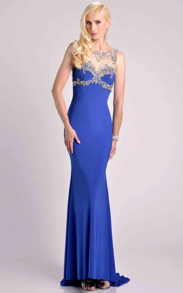 Sleeveless Sheath Jersey Prom Dress with Beaded Top and Bateau Neck Modern Formal Dress