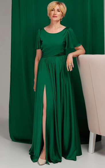 Simple Satin A Line Mother of the Bride Dress with Bateau Neckline and Split Front Formal Dress