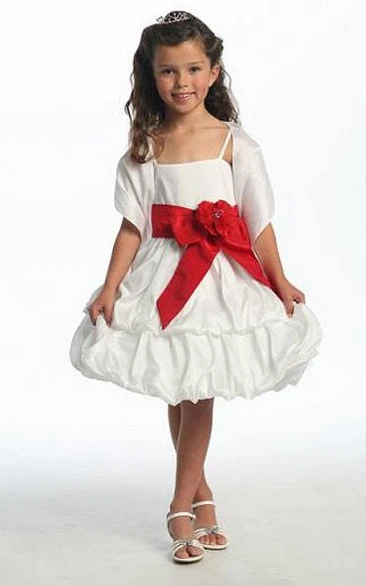 Floral Tiered Taffeta Cap-Sleeve Midi Flower Girl Dress with Cape Modern Wedding Dress