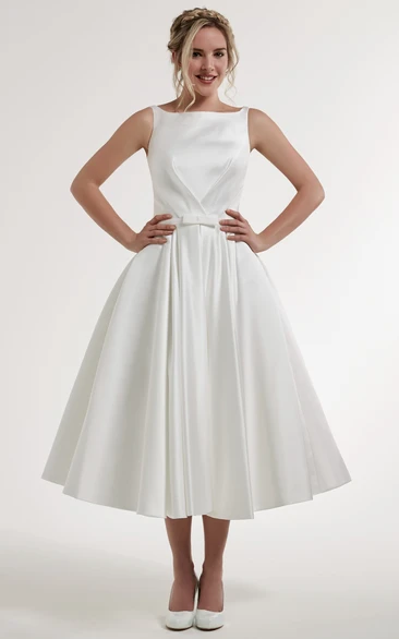 Satin Tea-Length Wedding Dress with Bow Detail and Scoop Neck