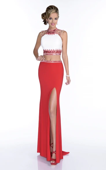 Rhinestone Embroidered Sheath Prom Dress Sleeveless Side Slit Jersey Fabric