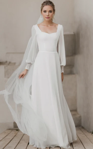 Summer Modest Long Sleeve A-Line Sweetheart Floor Wedding Dress Casual Pure Elegant Button Back Gown