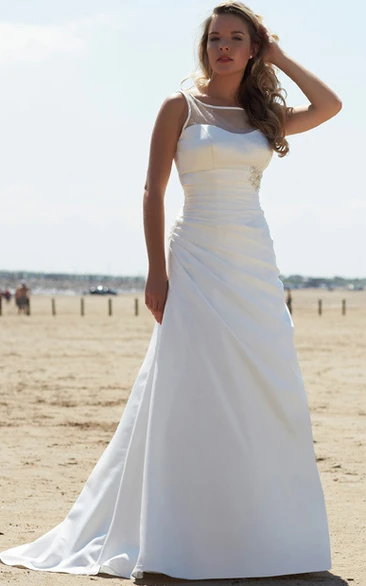Broach Bateau-Neck Sleeveless Chiffon Wedding Dress with Side Draping Elegant Wedding Dress