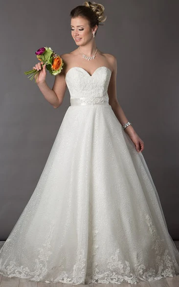 A-Line Satin Sash Embroidered Wedding Dress with Sweetheart Neckline