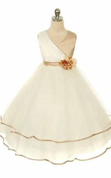 Tiered Tulle Satin Flower Girl Dress Tea-Length