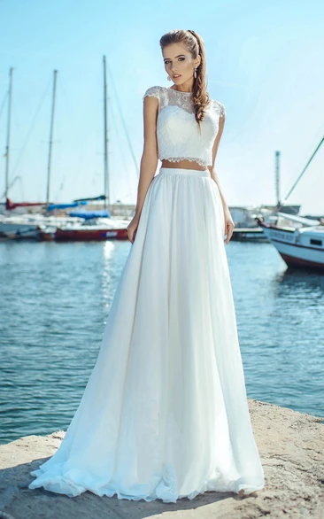 Cap-sleeve Chiffon and Tulle Jewel Neck Wedding Dress