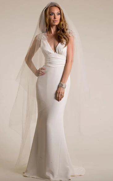 Cap-Sleeve V-Neck Sheath Wedding Dress with Epaulet Elegant Floor-Length Gown