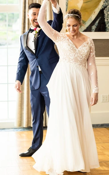 A-Line Chiffon Wedding Dress with Long Sleeves V-neck Sweep Train Charming