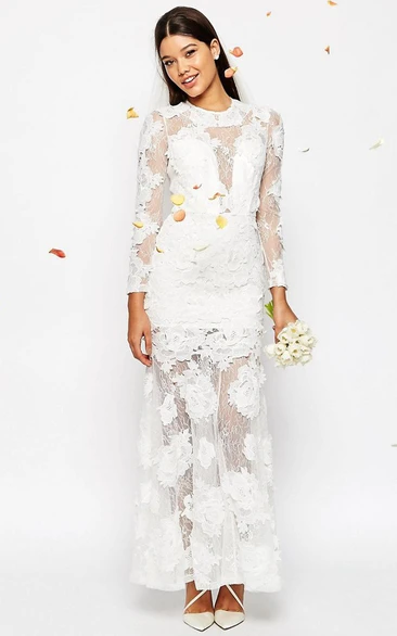 High Neck Sheath Lace Wedding Dress Long-Sleeve Illusion Bride Gown