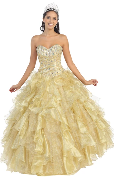 Beaded Organza Sweetheart Ball Gown Dress with Cascading Ruffles